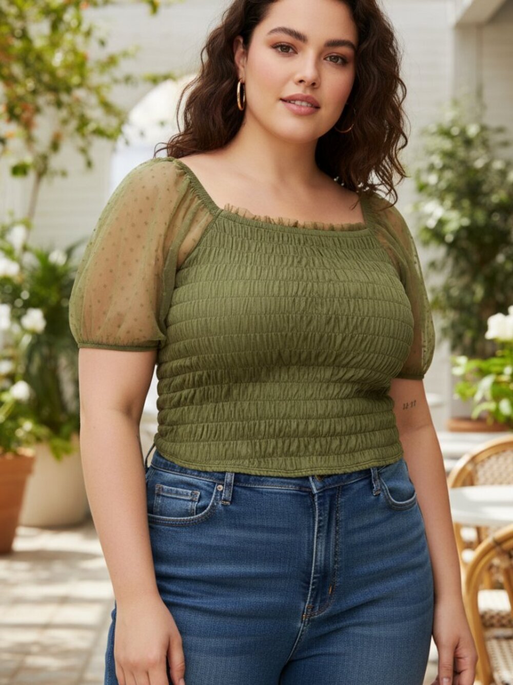 Torrid Top Green Dot Mesh Square Neck Smocked Crop